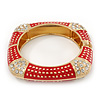 Statement Square Red Enamel Crystal Hinged Bangle Bracelet In Gold Plating - 17cm Length