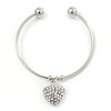 Silver Tone Slip-On Cuff Bracelet With A Crystal Heart Charm - 18cm L