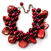 Red Simulated Pearl Bead & Shell Charm Bracelet (Silver Tone) - 15cm Long/ 7cm Ext