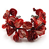Coral Red Floral Shell & Simulated Pearl Cuff Bracelet (Silver Tone)