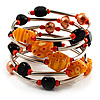 Silver-Tone Glass Bead Coil Bracelet (Black & Orange)