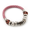 Silver Tone Metal Bead Pink Leather Flex Bracelet - up to 20cm Length