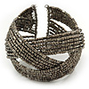 Boho Beige Grey Glass Bead Plaited Flex Cuff Bracelet - Adjustable