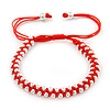 Plaited Bright Red Silk Cord With Silver Tone Bead Friendship Bracelet - Adjustable