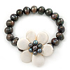 12mm Grey/ White Freshwater Pearl Flex Bracelet With A Mother Of Pearl Central Flower - 17cm L