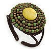 Lime Green/ Bronze Shell Bead, Dome Shape Woven Flex Cuff Bracelet - Adjustable