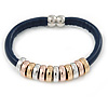 Dark Blue Leather with Silver/ Gold /Rose Gold Metal Rings Magnetic Bracelet - 19cm L