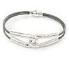 Hammered Double Loop with Light Grey Leather Cords Magnetic Bracelet In Light Silver Tone - 20cm L