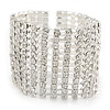 Wide Statement 12 Row Clear Austrian Crystal Bracelet with Tongue Clasp In Silver Tone - 18cm L