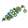 3 Strand Grass Green/ Teal Wood Bead and Loop Bracelet In Silver Tone Metal - 21cm L/ 5cm Ext