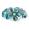Blue Sea Shell, Faux Pearl Bead Floral Cuff Bracelet In Silver Tone - Adjustable