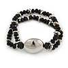 Fancy 2 Strand Black Glass and Silver Metal Beads Flex Bracelet - 17cm L