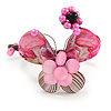 Pink Sea Shell Bead Butterfly Silver Wire Flex Cuff Bracelet - Adjustable