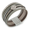 Stylish Grey Textured Faux Leather with Crystal Detailing Magnetic Bracelet In Silver Finish - 18cm L