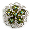 Green Crystal Filigree Floral Brooch