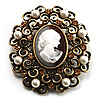 Imitation Pearl Filigree Cameo Brooch (Bronze Tone)