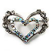 Tiny Open Crystal 'Heart in Heart' Brooch (Silver Tone)