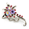 Pink Crystal Floral Brooch (Silver Tone)