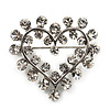 Tiny Crystal Open Heart Brooch (Silver Tone Metal)