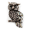 Antique Silver Crystal Owl Brooch