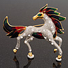 Oversized Diamante Enamel Horse Brooch In Rhodium Plated Metal