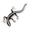 Large Diamante Black Enamel Lizard Brooch In Rhodium Plated Metal - 11cm Length