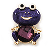 Deep Purple Enamel 'Frog' Brooch In Gold Plated Metal - 4.5cm Length