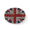 Union Jack Oval Silver Plated Crystal Brooch - 3.2cm Diameter