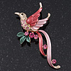 Exotic Deep Pink Diamante 'Bird' Brooch In Gold Finish - 6.5cm Length