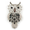 Oversized Rhodium Plated Filigree Dim Grey Crystal 'Owl' Brooch - 7.5cm Length