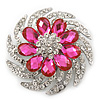 Dimensional Clear/Fuchsia Crystal Corsage Brooch In Rhodium Plating - 5cm Diameter