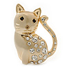Clear Swarovski Crystal 'Cat' Brooch In Brushed Gold Finish - 45mm Length