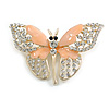 Dazzling Diamante /Pale Orange Enamel Butterfly Brooch In Gold Plaiting - 70mm Width