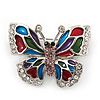 Charming Multicoloured Enamel, Crystal 'Butterfly' Brooch In Rhodium Plating - 40mm Width