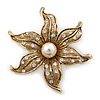Gold Plated Textured, Crystal, Simulated Pearl 'Flower' Brooch - 55mm Width