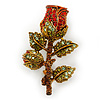 Red/ Green Swarovski Crystal 'Rose' Brooch In Antique Gold Tone - 43mm Across