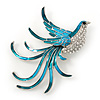 Teal/ Light Blue Enamel Crystal Exotic Bird Brooch In Rhodium Plating - 65mm Across