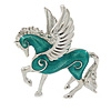 Small Green Enamel Pegasus the Winged Horse Brooch In Rhodium Plating - 35mm Across