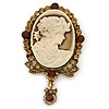 Vintage Inspired Amber/ Champagne Crystal Cameo with Charm Brooch In Antique Gold Tone - 63mm Across
