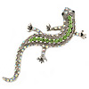 Light Green/ AB Crystal Lizard Brooch In Silver Tone Metal - 65mm L