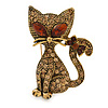 Sweet Topaz Crystal Cat Brooch In Antique Gold Tone Metal - 35mm L