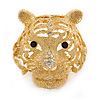 Statement Gold Plated, Crystal, Textured Tiger Head Brooch - 40mm L