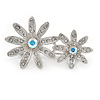 Rhodium Plated Clear/ Ab Crystal Double Flower Brooch - 40mm W