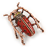 Vintage Inspired Red Enamel Bug Brooch In Bronze Tone Metal - 50mm Tall