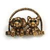 Vintage Inspired Sweet Crystal Cat & Dog Brooch In Bronze Tone Metal - 35mm Across