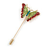 Gold Tone Light Green/ Red Enamel Crystal Butterfly Lapel, Hat, Suit, Tuxedo, Collar, Scarf, Coat Stick Brooch Pin - 63mm Long