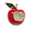 Red Enamel, AB/ Dark Green Crystal Apple Brooch In Gold Tone Metal - 30mm Tall