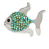 Small Green Crystal Fish Brooch In Silver Tone Metal - 35mm Across