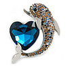 Dolphin and Heart Crystal Brooch In Silver Tone (Multicoloured) - 60mm Tall
