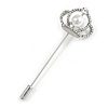 Silver Tone Clear Crystal Faux Pearl Crown Lapel, Hat, Suit, Tuxedo, Collar, Scarf, Coat Stick Brooch Pin - 60mm L